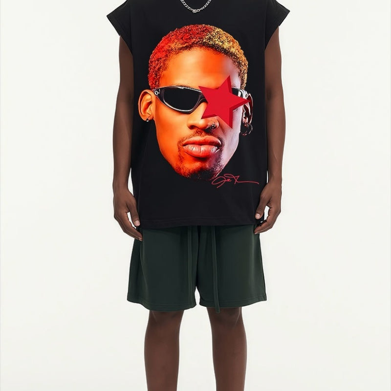 BIG FACE Drop-Shoulder Tank Top High-street vintage style featuring a small neckline, white-ink digital direct-to-garment (DTG) printing, and a heavy-duty, distressed wash finish; crafted from 260g double-yarn plain-knit fabric.