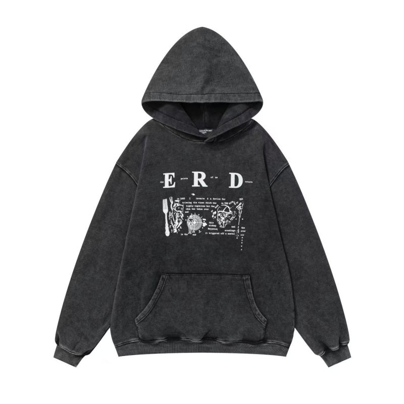 ERD Hoodie Acid Washed Black Pullover Front Letter Graphic Back Circular Portrait Print