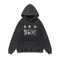 ERD Hoodie Acid Washed Black Pullover Front Letter Graphic Back Circular Portrait Print
