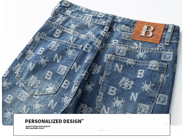 Denim Jacket & Jeans High-Street Trend Retro Casual Matching Monogram Graphic Trucker Jacket and Slim-Fit Pants Outfit (jacket and jeans must be purchased separately.)