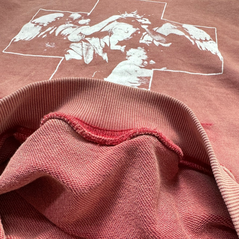 Unisex Vintage Hoodie [Heavy-Wash Faded Dark Red] Saint "Cross Holy" Limited Edition Distressed Hoodie — Featuring multi-area hand-distressing, custom fabric matched to the original in texture and color, and a heavyweight "Asut" enzyme-grind wash for