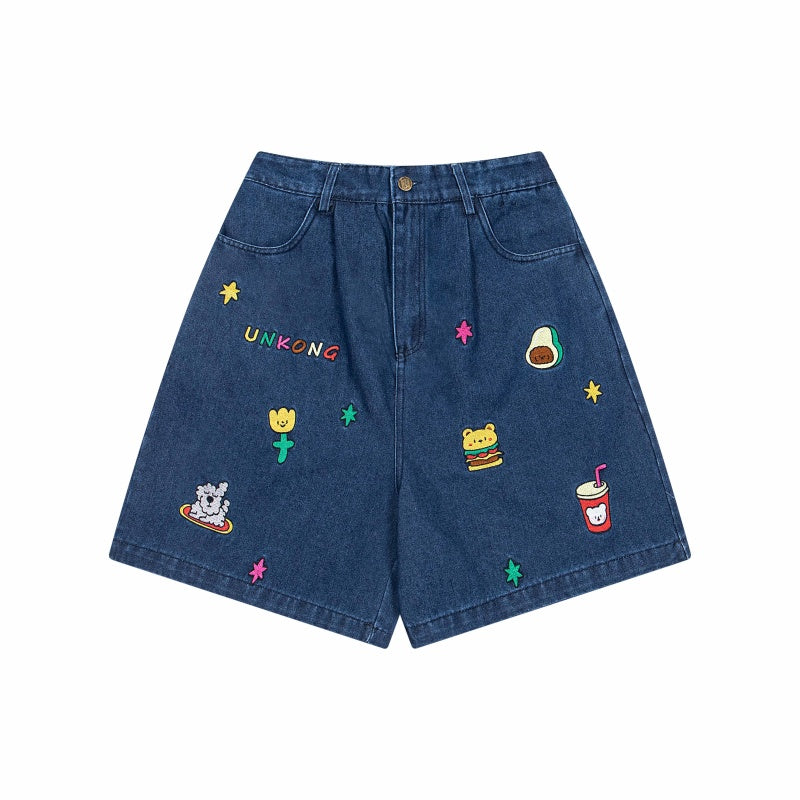 Street-style vintage denim shorts Women Japanese-style retro high-waisted loose denim shorts with playful embroidery