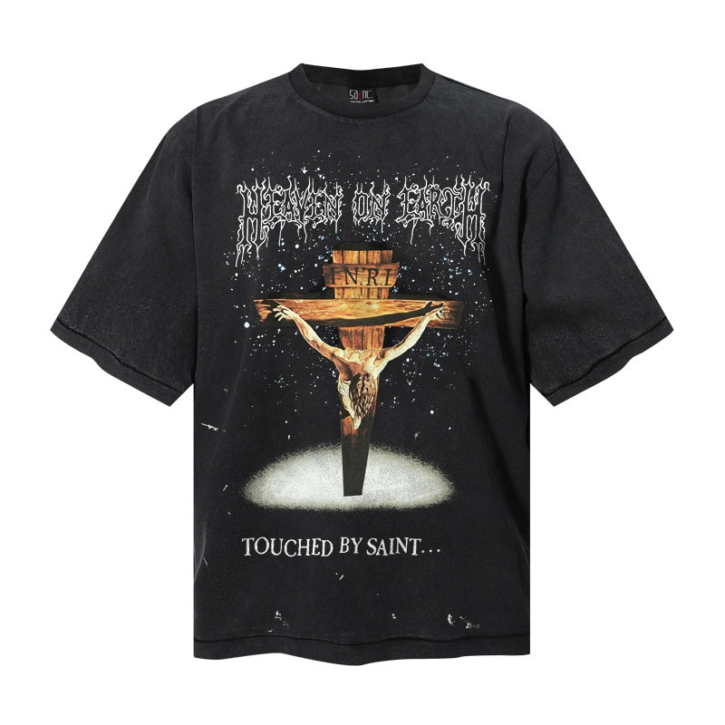 Saint Michael T Shirts Gothic Metal Font Jesus Cross Distressed Streetwear