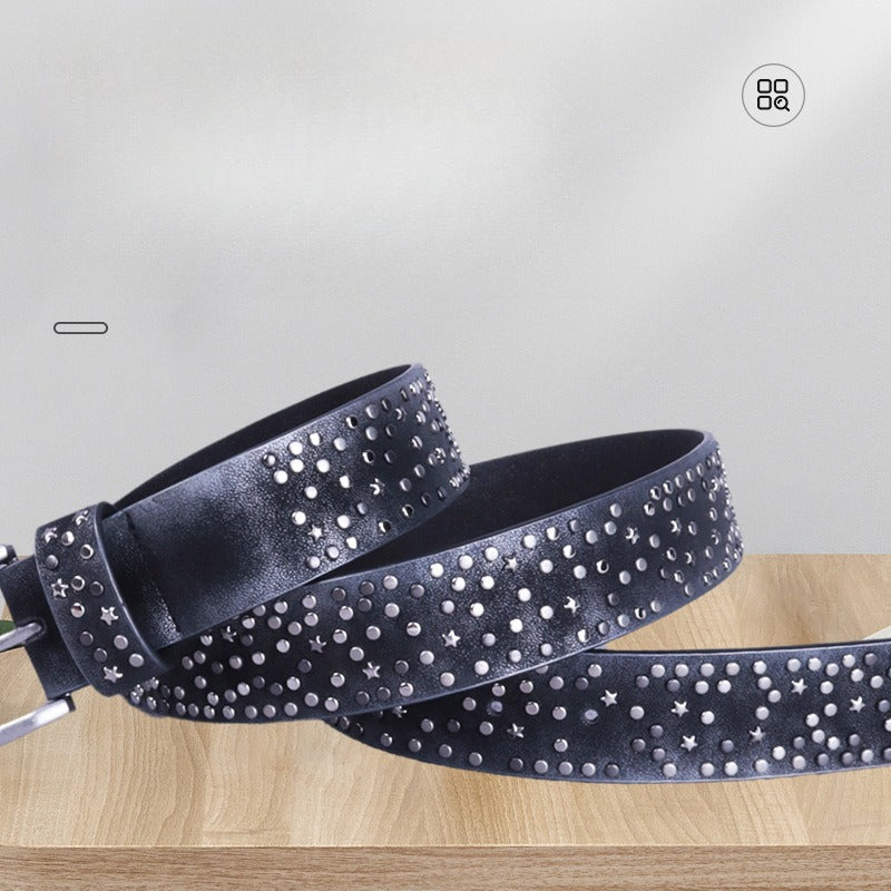 Hip-hop punk rhinestone belt retro perforated rivet ring belt