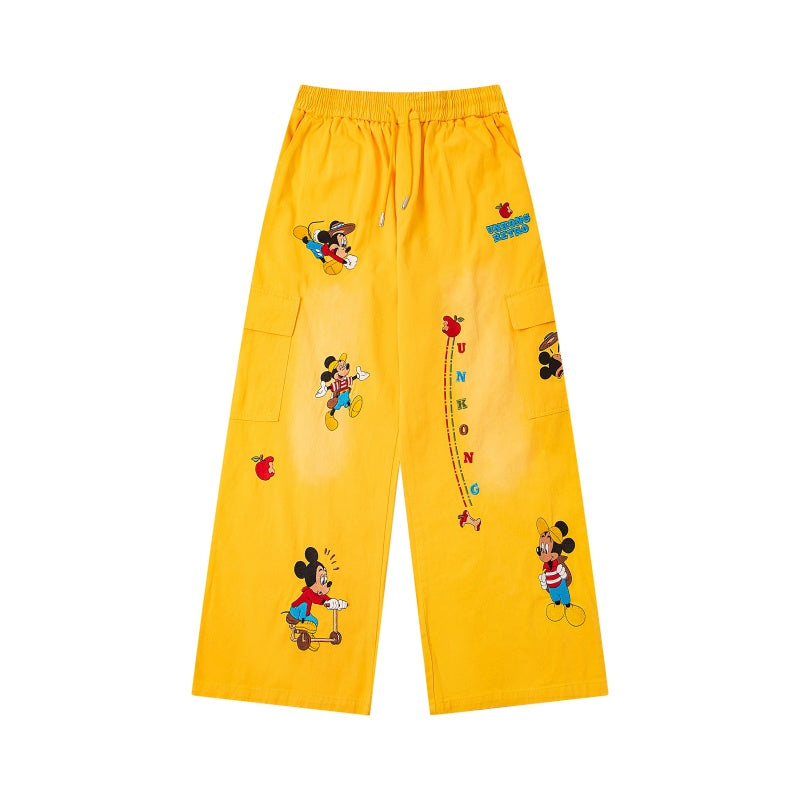 Street-style vintage jeans Retro Harajuku Style Drawstring Waist Casual Trousers with Cute Character Embroidery