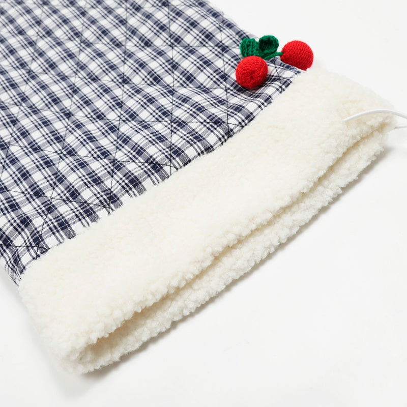 American-style streetwear harem pants Blue Check Plush Lined Cherry Decor Wide Cotton-padded trousers
