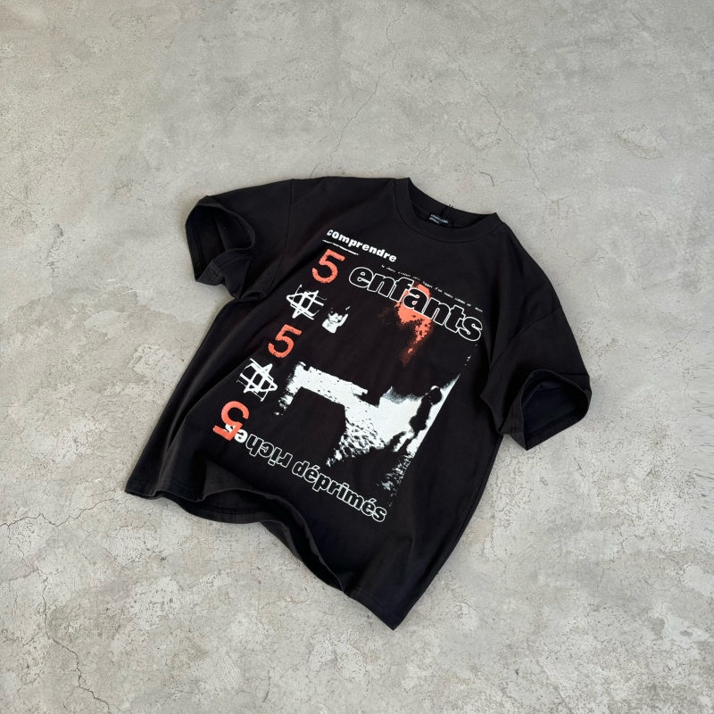 ERD T Shirts Punk Collage Letter Number Blurry Portrait Pigment Wash Daily Loose Top