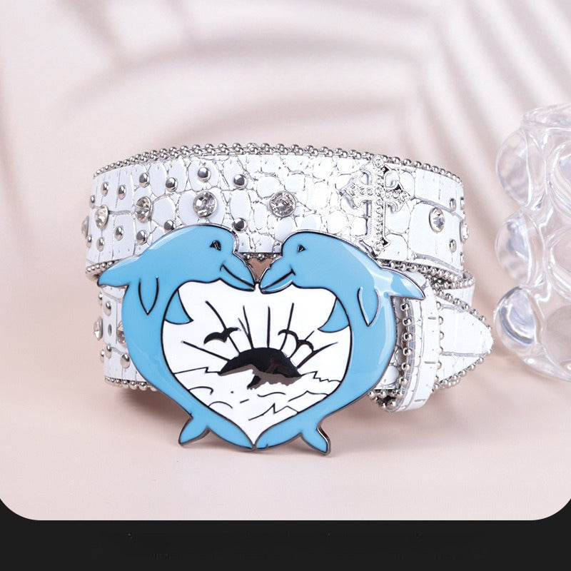 Hip-hop punk rhinestone belt heart plate buckle crocodile pattern belt