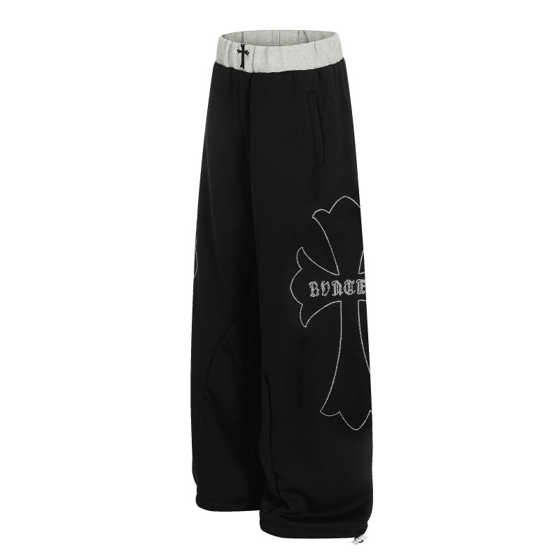 American-style streetwear harem pants  Cross Embroidery Street Trousers Fleece-lined and thickened
