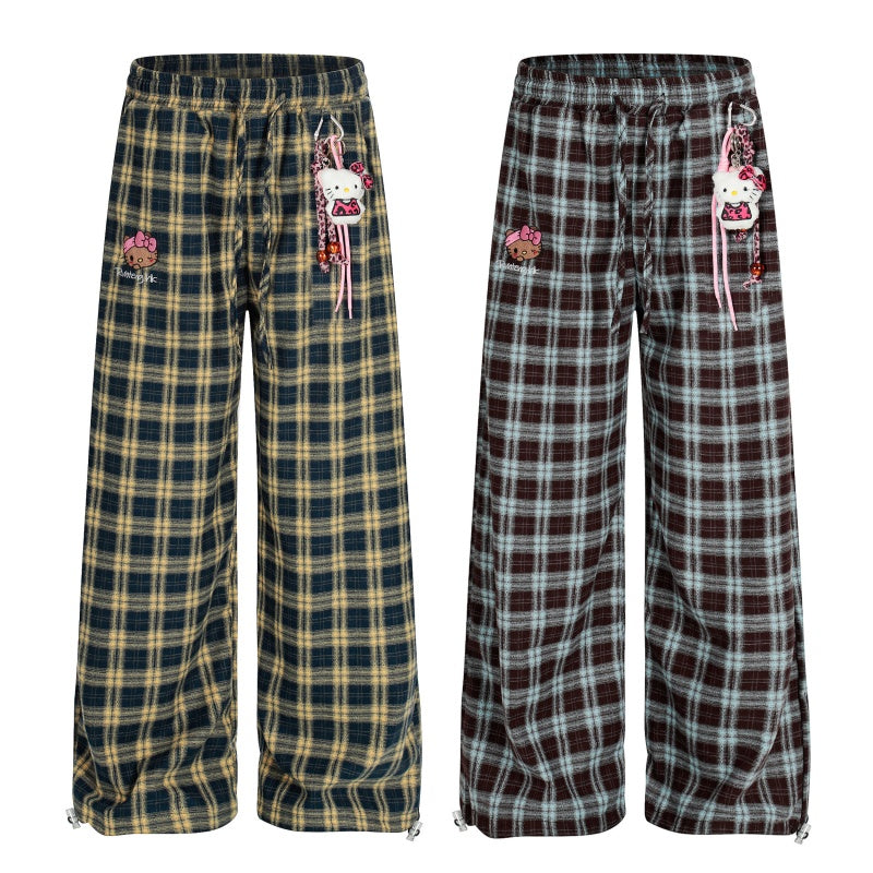American-style streetwear harem pants Retro Plaid Kitty Embroidered Drawstring Trousers