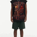 BIG FACE Drop-Shoulder Tank Top High-street vintage style featuring a small neckline, white-ink digital direct-to-garment (DTG) printing, and a heavy-duty, distressed wash finish; crafted from 260g double-yarn plain-knit fabric.