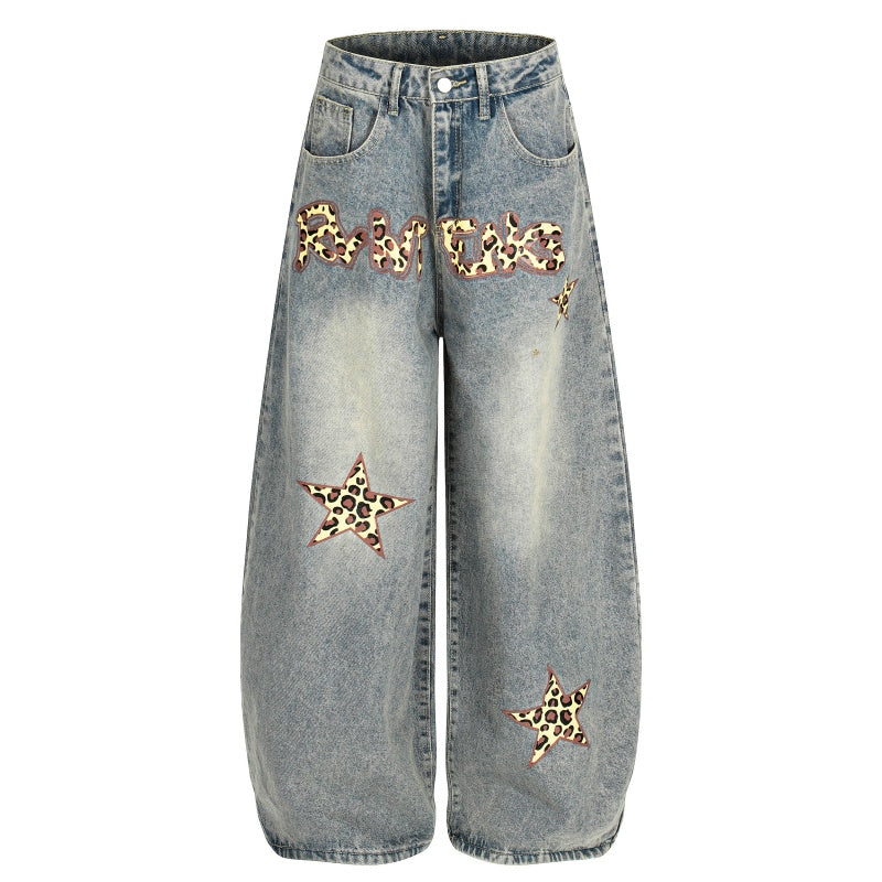 American-style streetwear harem pants Washed Leopard Star Letter Baggy Denim