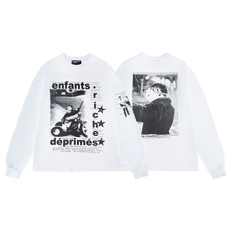 ERD Long sleeved shirt  Retro Grunge Long Sleeve Tee Dual-Side Biker Portrait Artwork