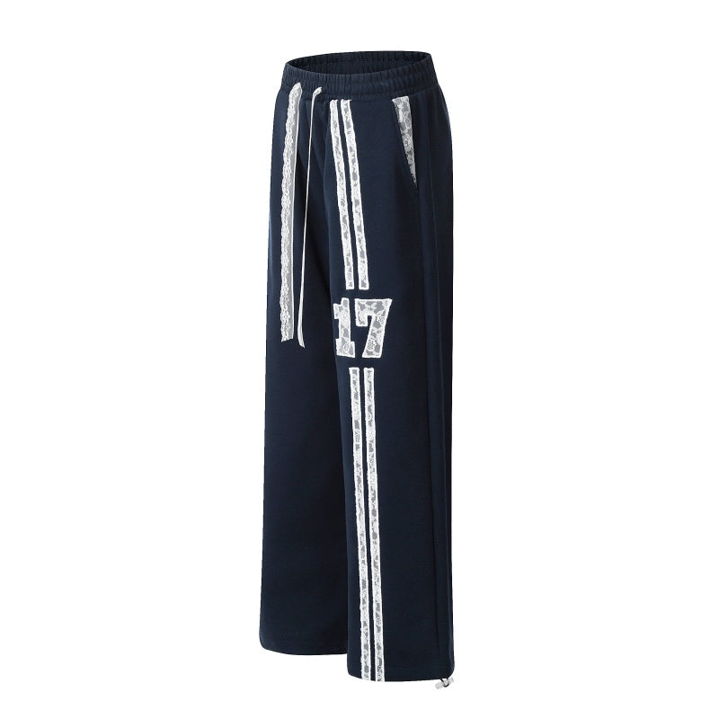 American-style streetwear harem pants Contrast Lace Drawstring Number Wide Trousers