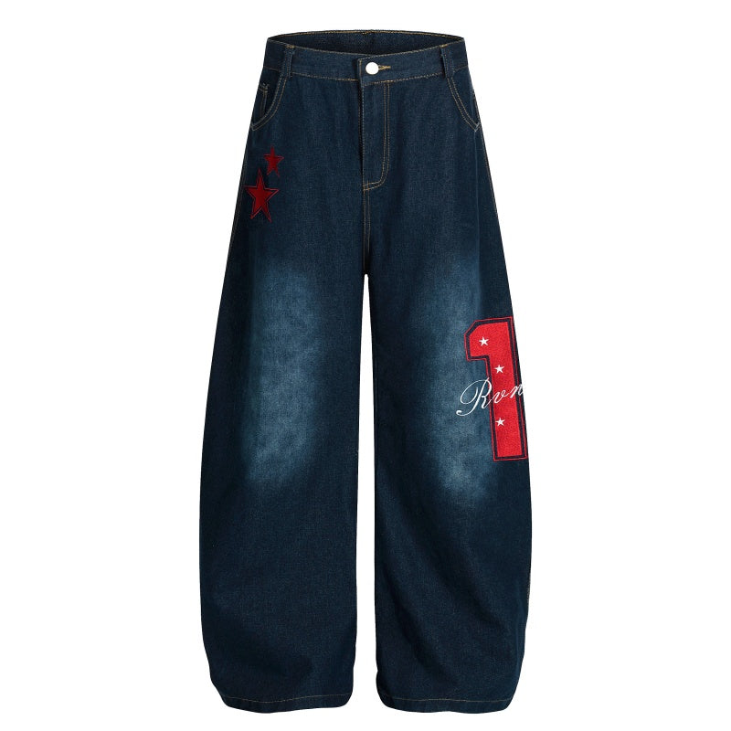 American-style streetwear harem pants Washed Star Embroidered Number Denim