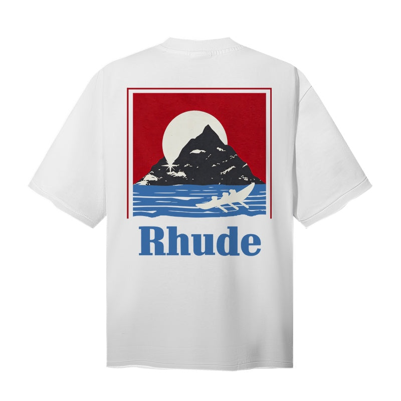RHUDE T Shirts Vintage Travel Mountain Water Illustration