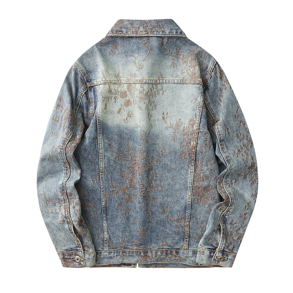 Denim Jacket & Jeans High-Street Trend Retro Casual Matching Botanical Graphic Trucker Jacket and Slim-Fit Pants Outfit(jacket and jeans must be purchased separately.)