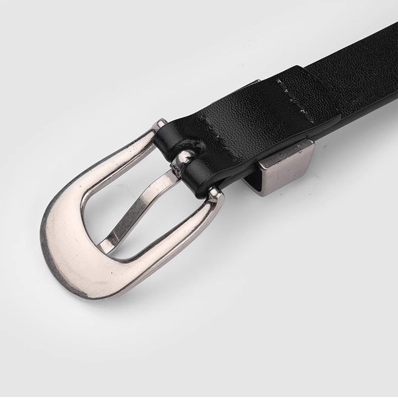 American vintage-style leather belt cleanfit niche silver buckle fine glossy belt fashion high-end style versatile black decorative jeans belt