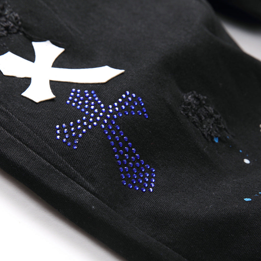 AM Jeans Cross Pattern Ripped Stretch Jeans