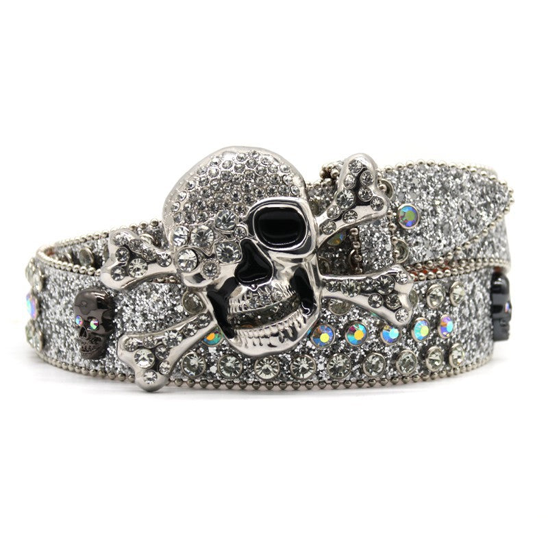 Hip-hop punk rhinestone belt silver big skull punk style