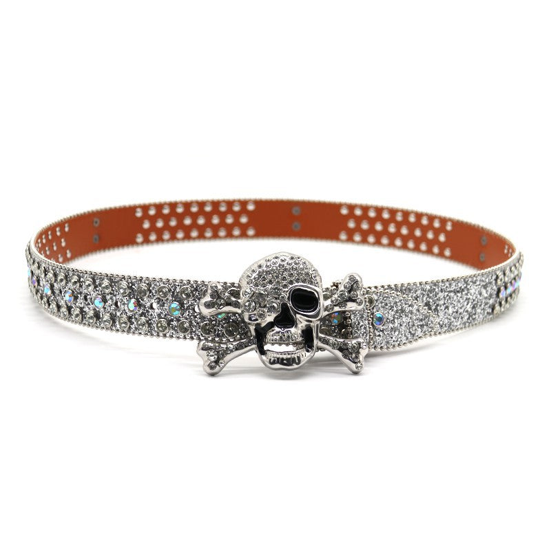 Hip-hop punk rhinestone belt silver big skull punk style