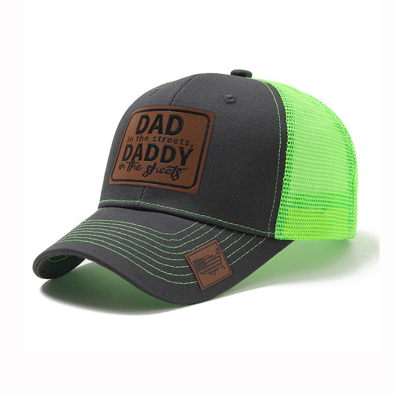 Trendy flat brimmed snapback hatsleather label letter spring summer mesh hat sunshade