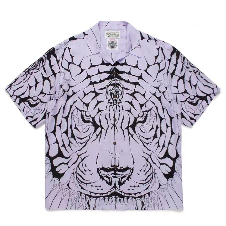 GUILTYPARTIES TIGER Shirts 22AW Wolf's Head Red and Green Wolf Face Hawaiian Short Sleeve Shirt Men
