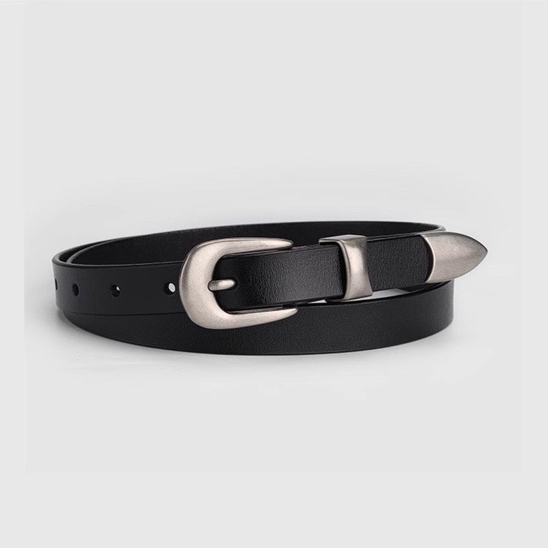 American vintage-style leather belt cleanfit niche silver buckle fine glossy belt fashion high-end style versatile black decorative jeans belt