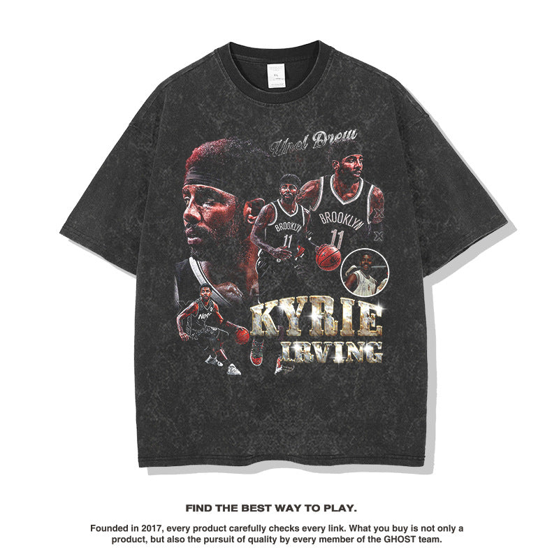 Nba T Shirt Printed Short-Sleeved T-shirt European and American High Street Fashion Brand Washed Old Men High-quality pure cotton comfortable and trendy clothing