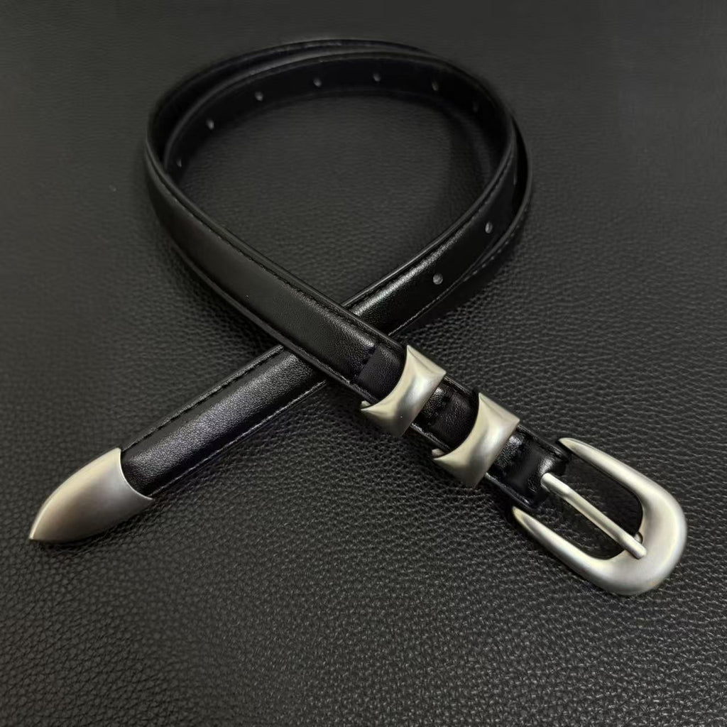 American vintage-style leather belt 2026 new silver buckle double lock ring pin buckle belt niche fashion simple versatile trend men's and women's jeans belt