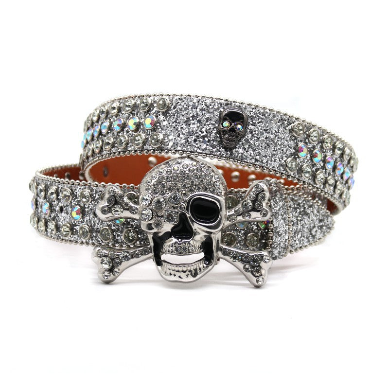 Hip-hop punk rhinestone belt silver big skull punk style