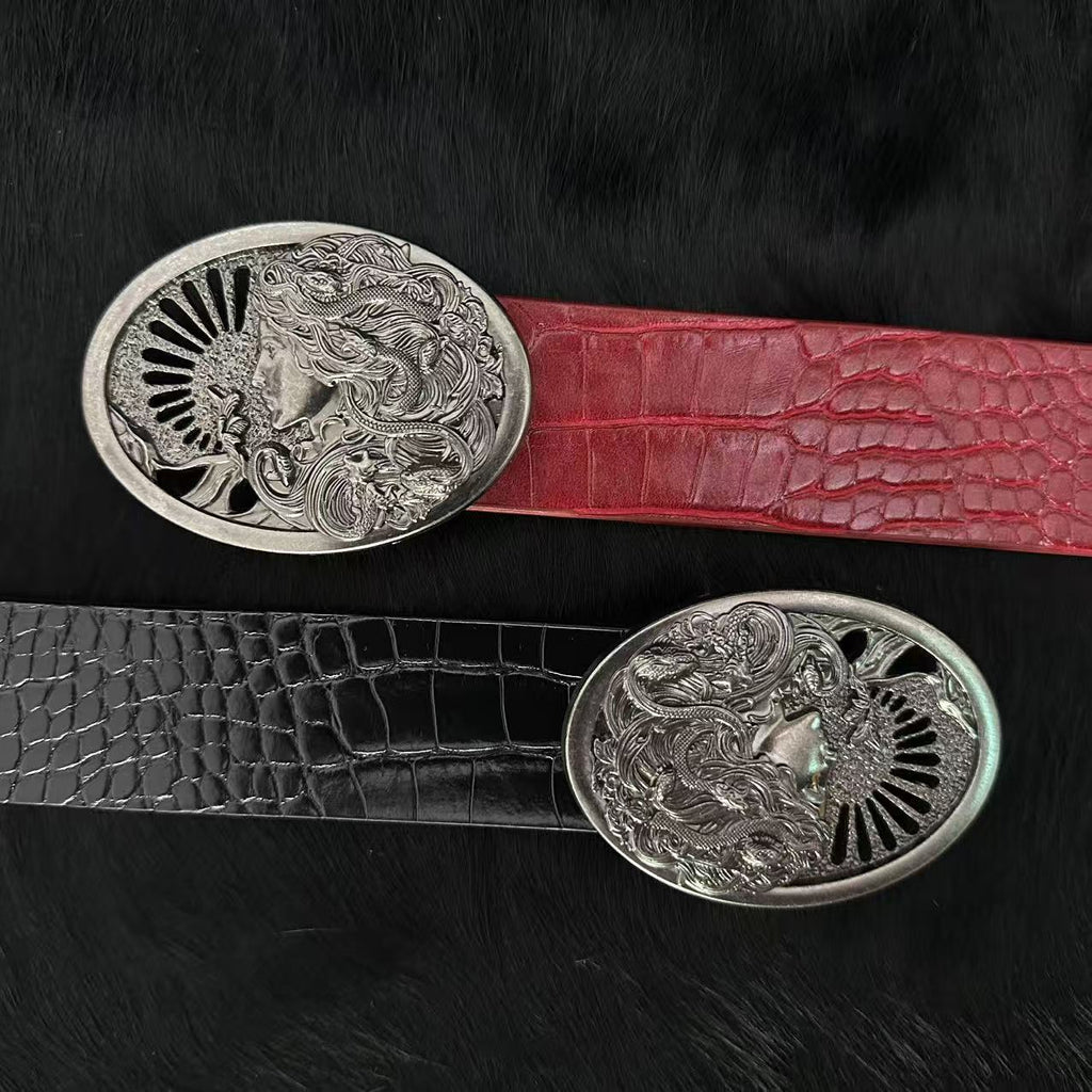 American vintage-style leather belt anti-encirclement and suppression Medusa three-dimensional relief metal buckle head belt American retro trend belt