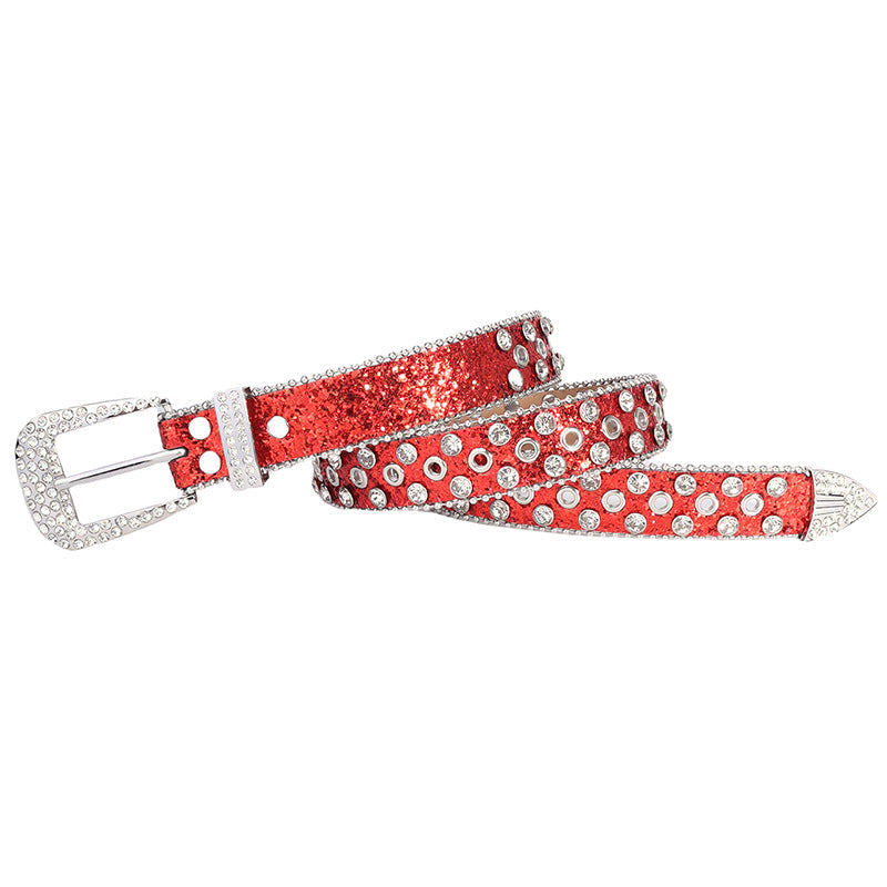 Hip-hop punk rhinestone belt with multiple air eyelet decoration