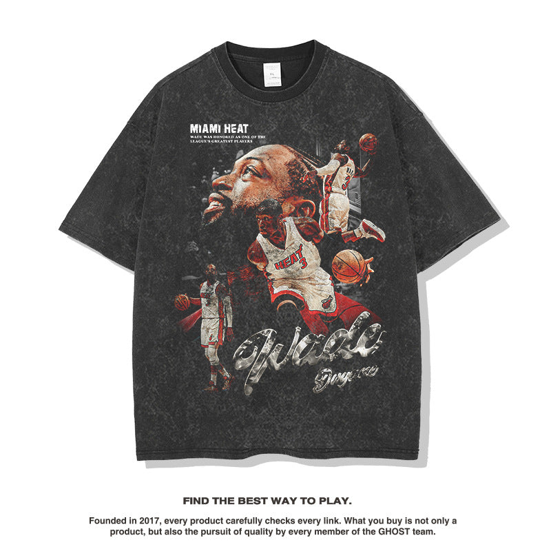 Nba T-shirt Summer Printed Short-Sleeved T-shirt Heavy Cotton Washed Distressed Top for Men High-quality pure cotton comfortable and trendy clothing