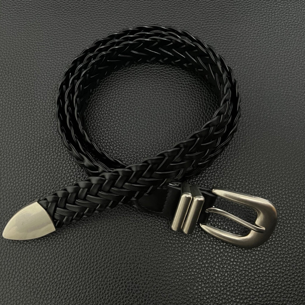 American vintage-style leather belt retro old matte hand-woven belt free punching men's and women's simple and versatile black belt
