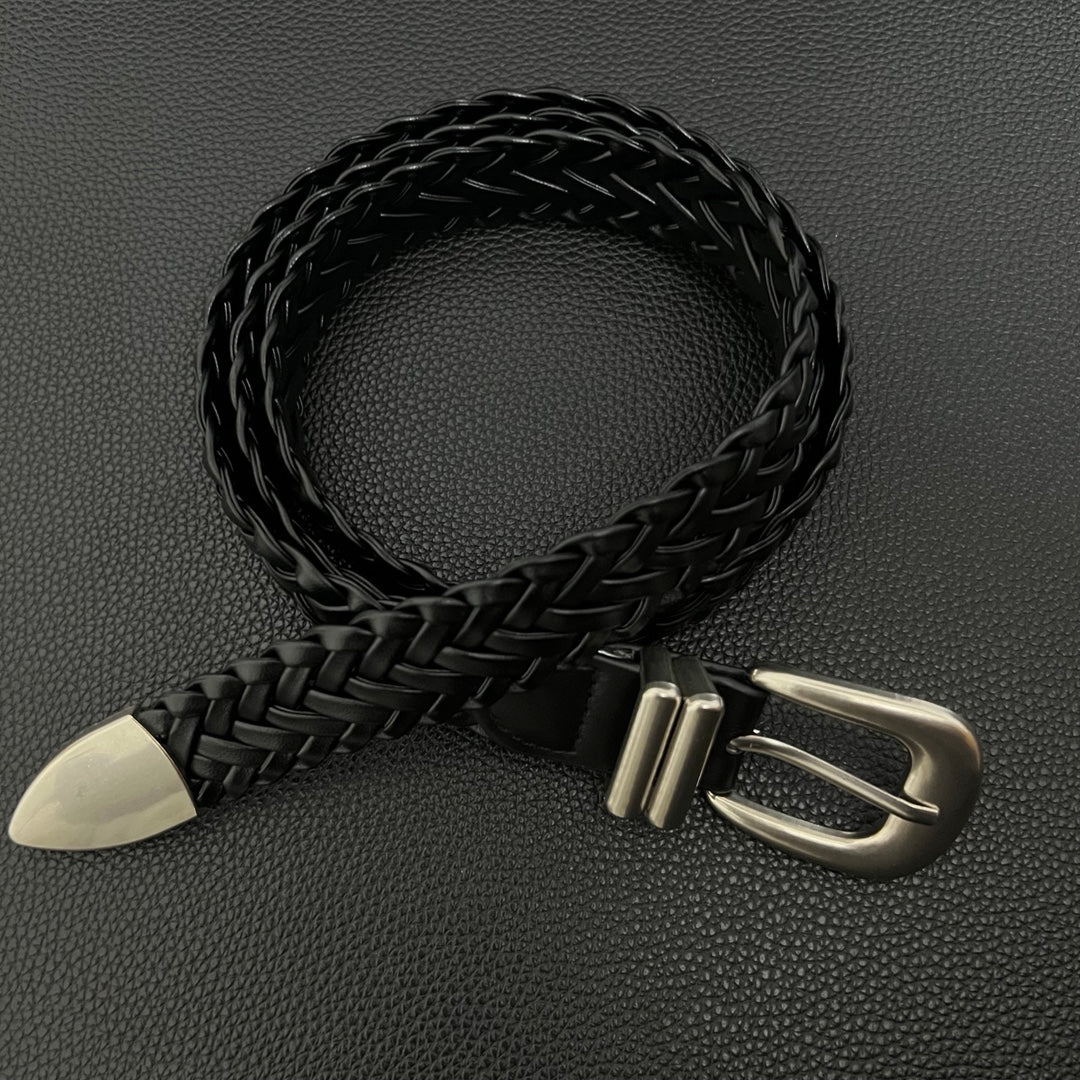 American vintage-style leather belt retro old matte hand-woven belt free punching men's and women's simple and versatile black belt