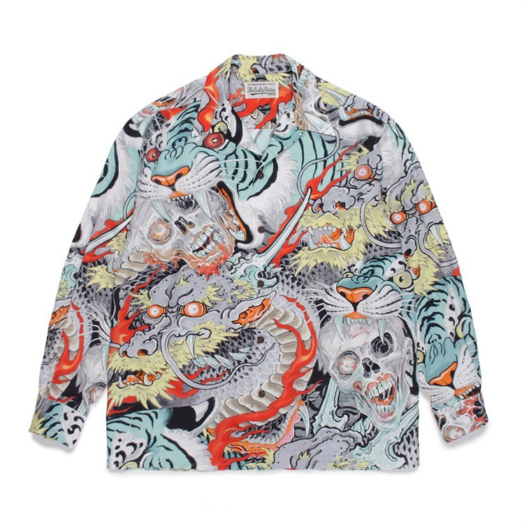 GUILTYPARTIES TIGER Long sleeved shirt Eye strap attention tiger totem skull Hawaiian long sleeved shirt
