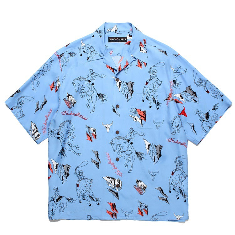 GUILTYPARTIES TIGER Shirts Western denim lasso casual rayon Hawaiian lapel short-sleeved shirt
