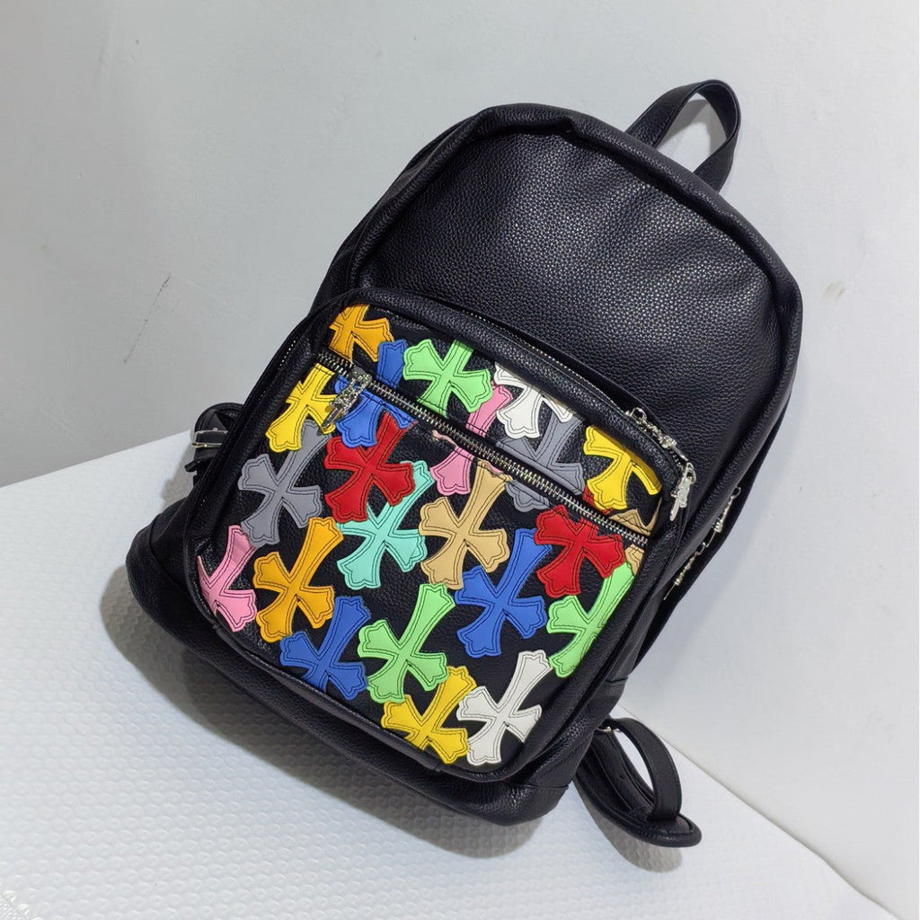 Cross-pattern bag Chrome colored leather splicing backpack schoolbag retro large capacity men and women