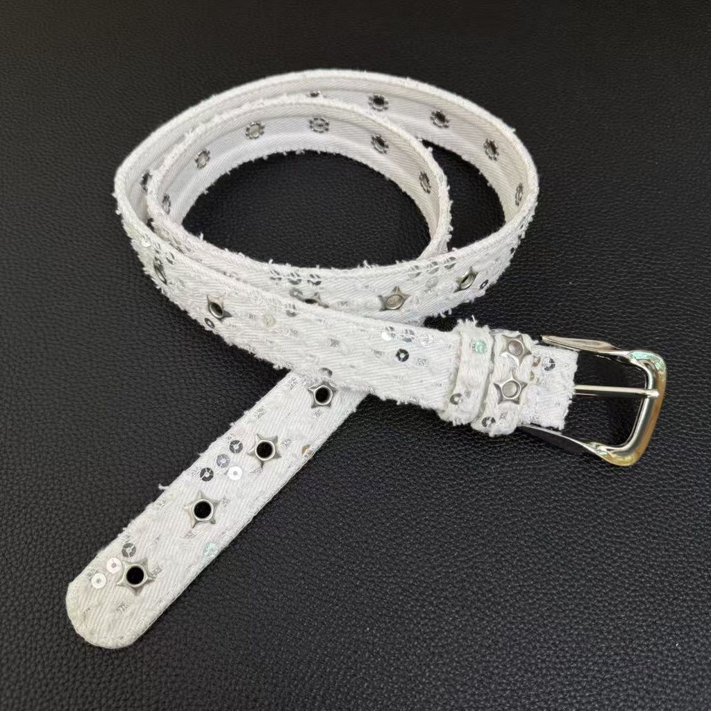 American vintage-style leather belt retro star rivet free punching belt belt belt y2k niche personality men's and women's versatile jeans belt