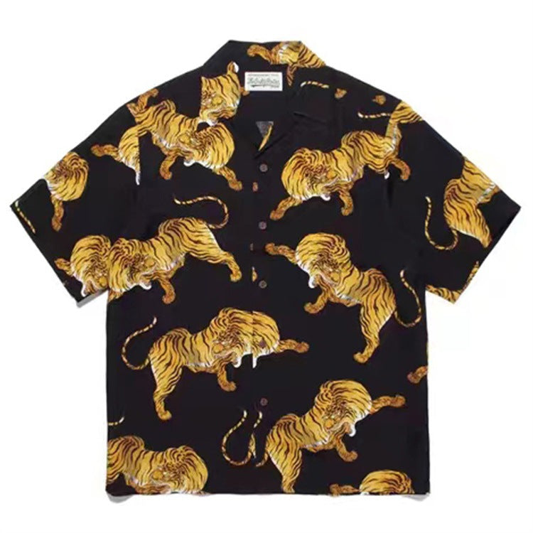 GUILTYPARTIES TIGER Shirts Summer Festival Black Eyed Tiger Flowing Cloud Hawaiian Short Sleeve Shirt Men