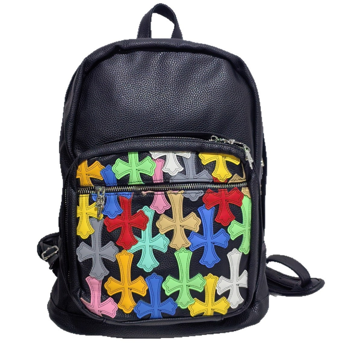 Cross-pattern bag Chrome colored leather splicing backpack schoolbag retro large capacity men and women