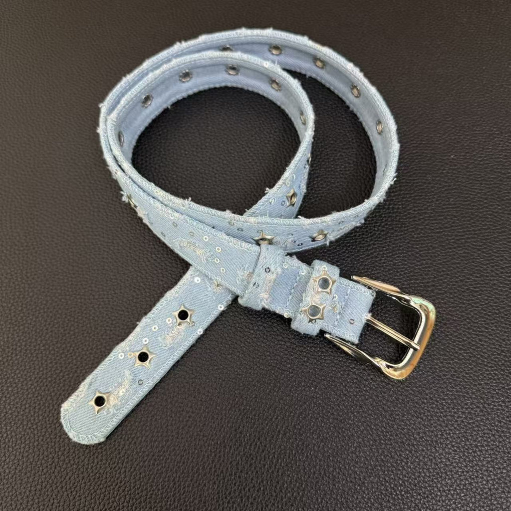 American vintage-style leather belt retro star rivet free punching belt belt belt y2k niche personality men's and women's versatile jeans belt