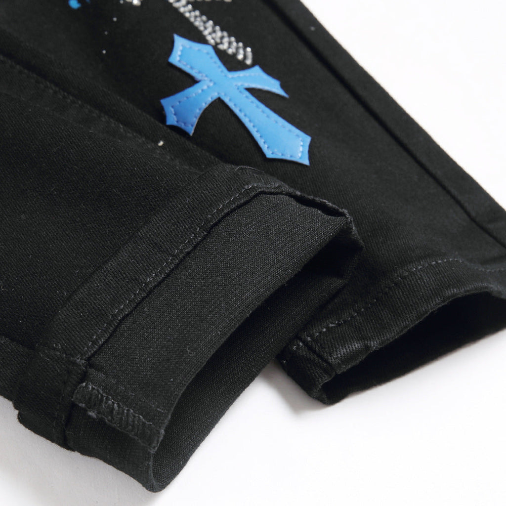 AM Jeans Cross Pattern Ripped Stretch Jeans