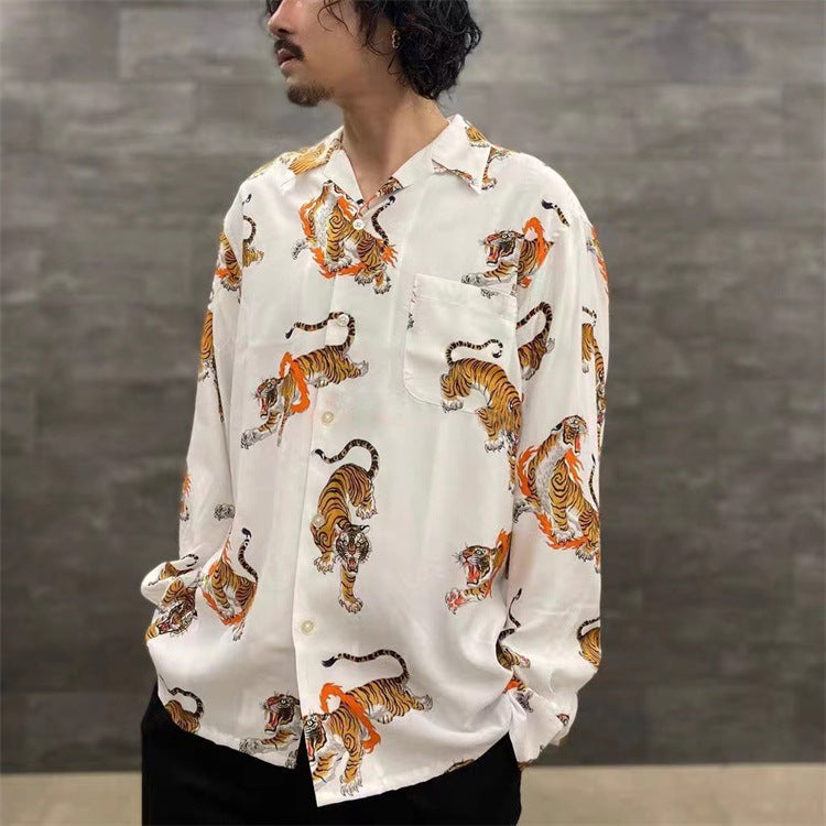 GUILTYPARTIES TIGER Long sleeved shirt TIM LEHI Downhill Tiger Fire Ring Tiger, Hawaiian Long Sleeve Shirt Men