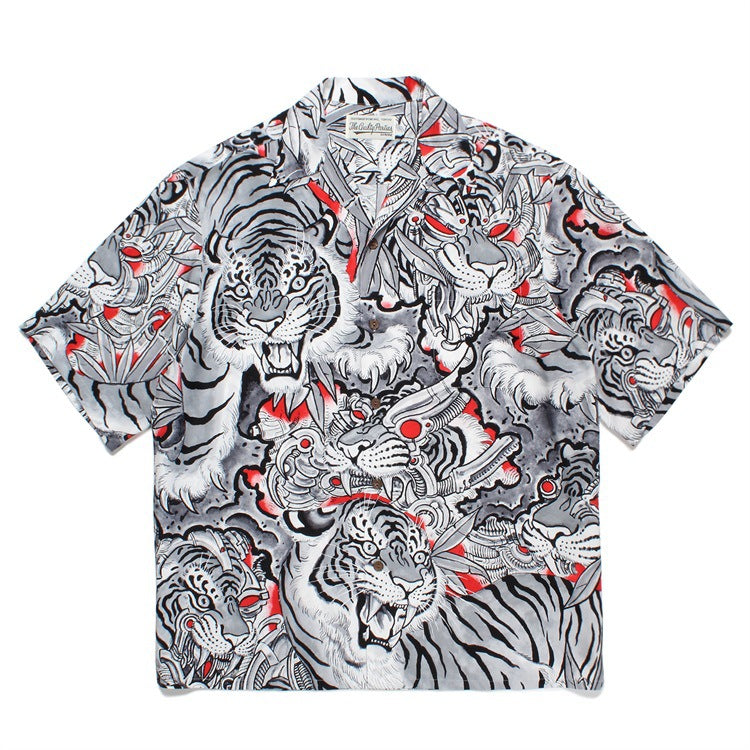 GUILTYPARTIES TIGER Shirts 23SS TIM LEHI Flame Tiger Full Print Hawaiian Short Sleeve Shirt Men