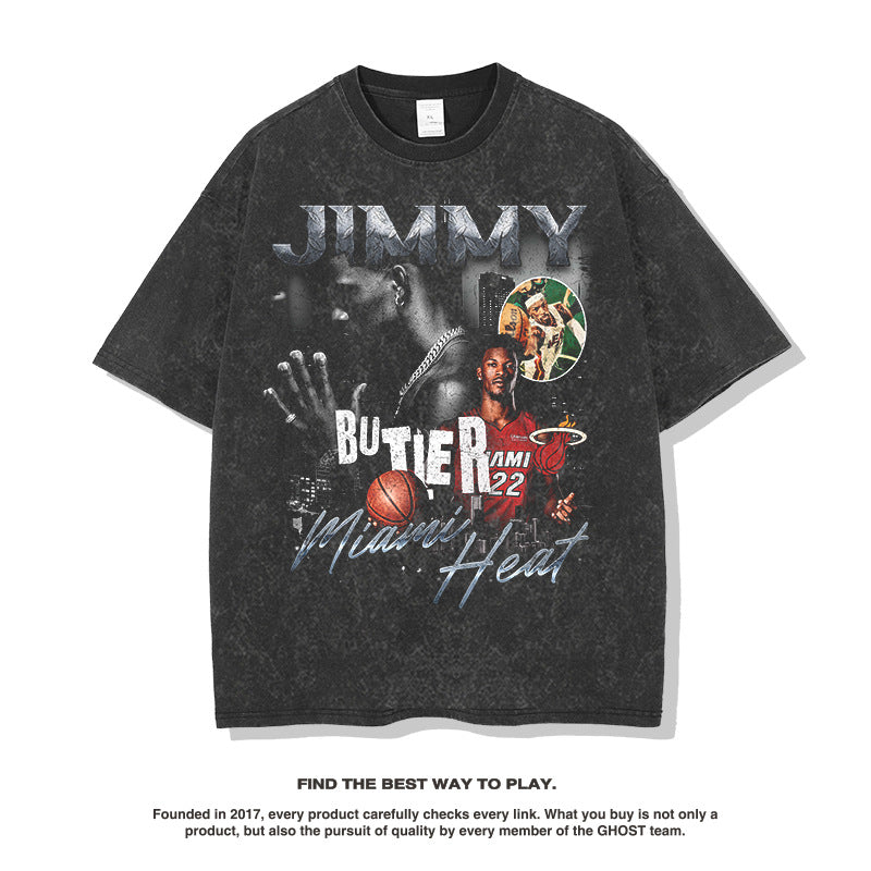 Nba T Shirt Jimmy Butler Basketball Star Printed Short Sleeve T-shirt Washed High-quality pure cotton comfortable and trendy clothing