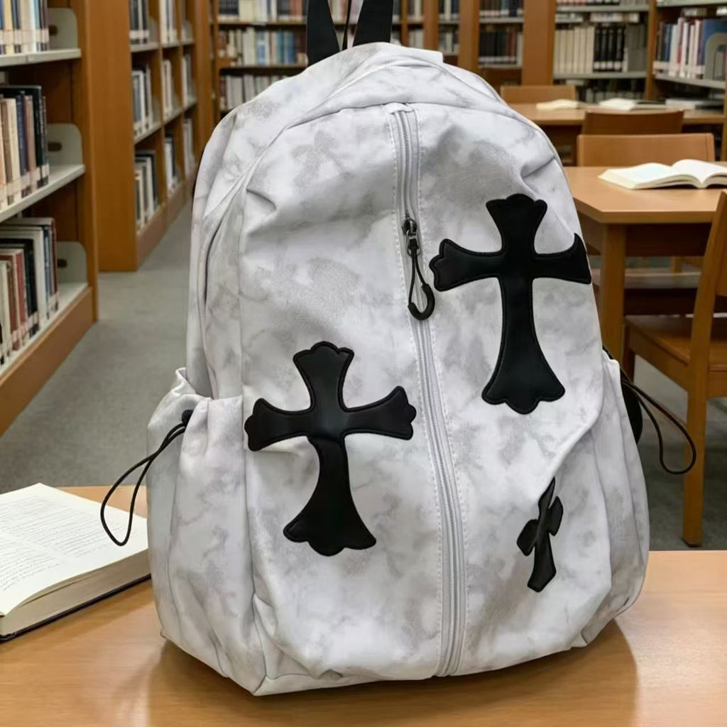 Cross-pattern bag Chrome retro tie-dye printed cross backpack trendy schoolbag leisure travel