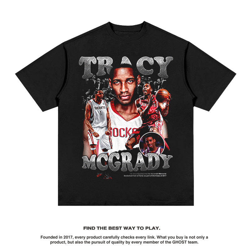 Nba T Shirt Summer Vintage Print Short Sleeves T-shirt Pure Cotton Washed Distressed Top Men High-quality pure cotton comfortable and trendy clothing