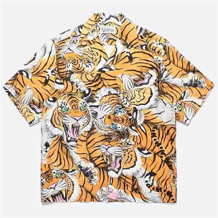 GUILTYPARTIES TIGER Shirts Summer Festival Black Eyed Tiger Flowing Cloud Hawaiian Short Sleeve Shirt Men